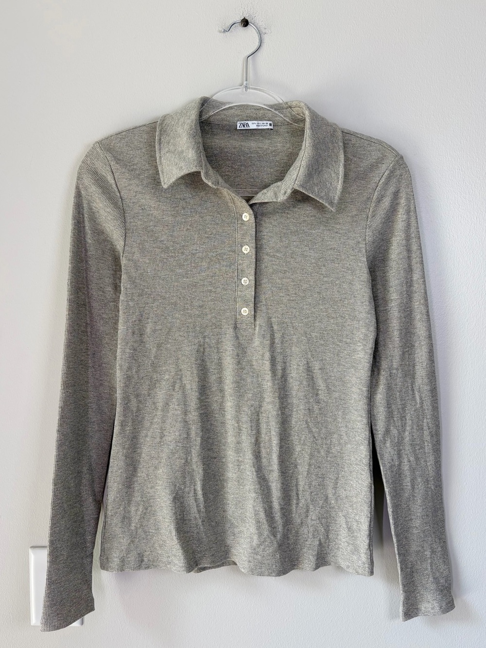 Zara Metallic Ribbed Shimmer Knit Henley Long Sleeve Top Stretch Sparkle